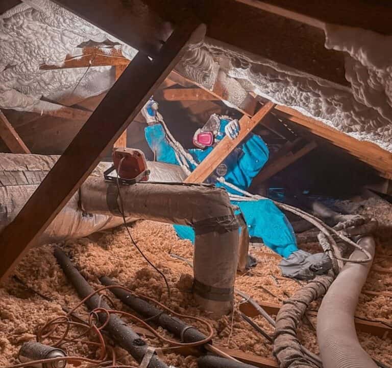 Crew working in an attic with old loose-fill insulation