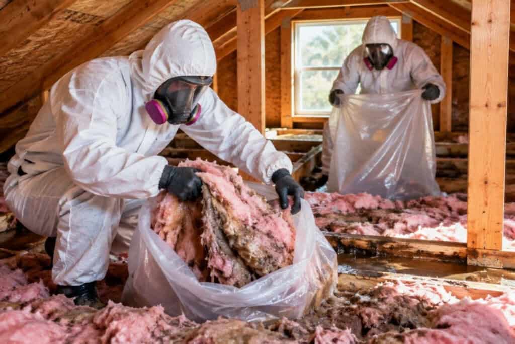 Workers removing wet insulation in attic to prevent mold growth.