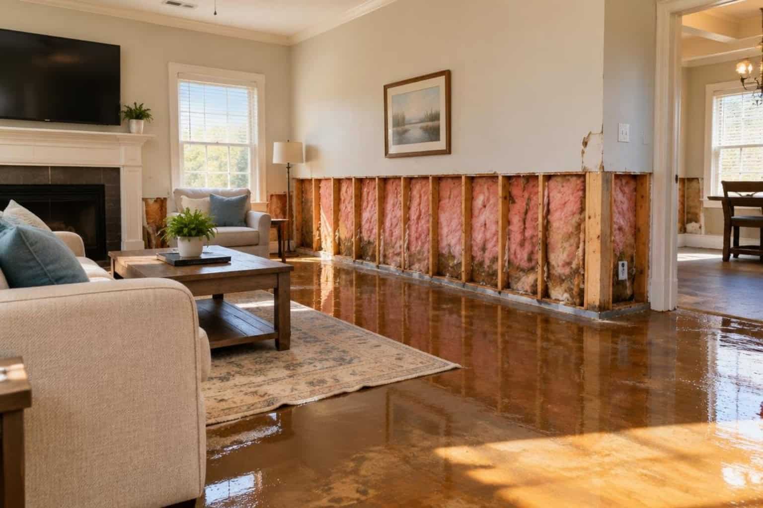 Living room with exposed wall insulation and hardwood flooring.