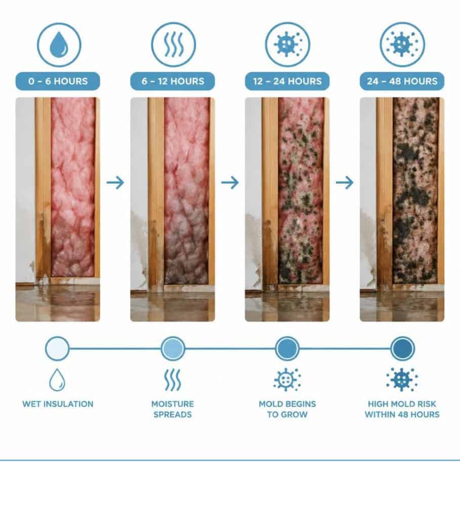 Mold development over 48 hours in spray foam insulation.