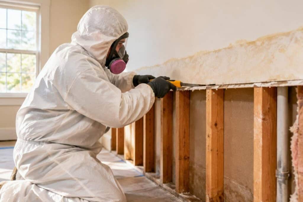 Professional insulation installer applying spray foam insulation in a home.