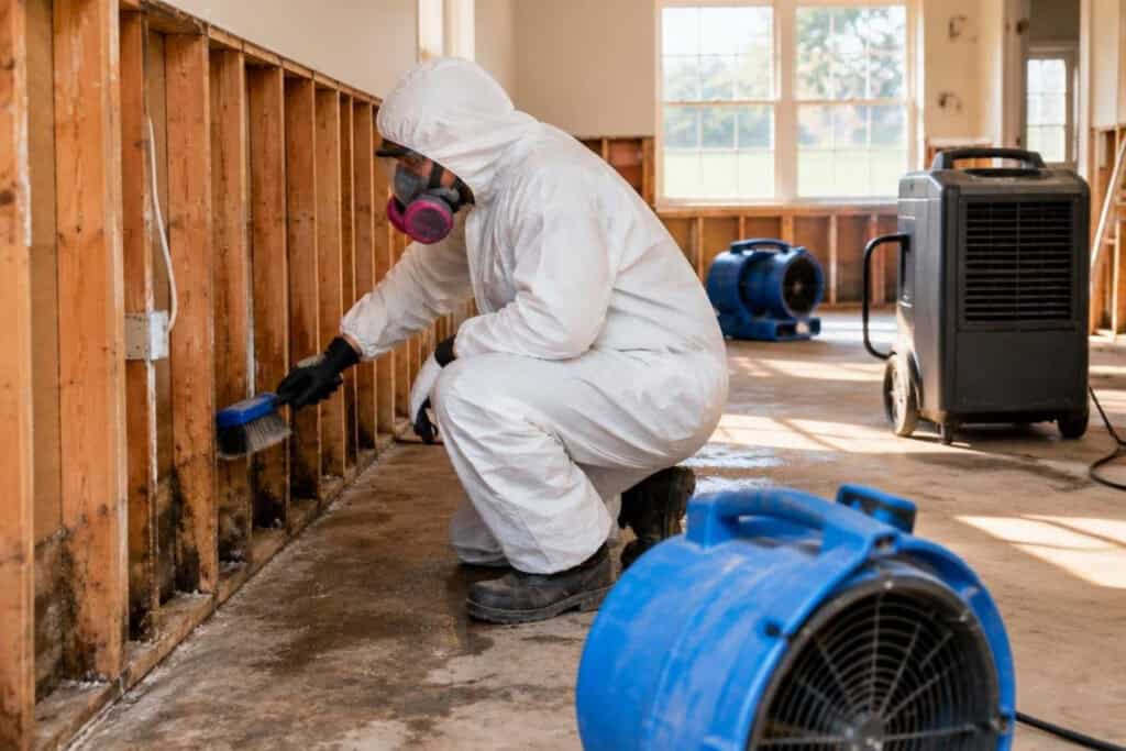 Worker installing spray foam insulation in a building wall.